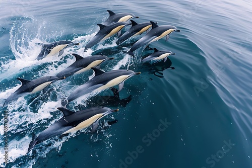 A pod of long-beaked common dolphins swim through.