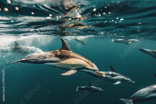 A pod of long-beaked common dolphins swim through. photo