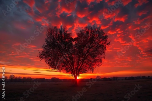 A red heart shaped tree at sunset. .