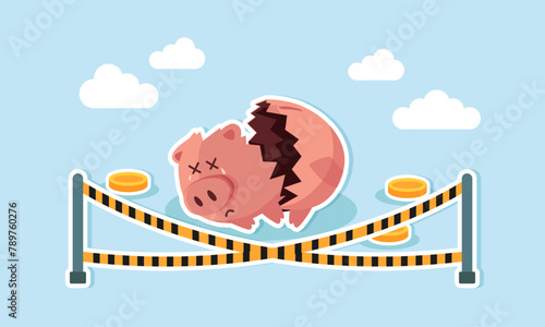 Financial downfall due to overspending, investment losses, or market crash leading to bankruptcy, concept of Broken piggy bank with stolen money, marked with yellow crime scene tape