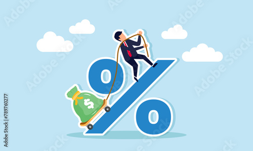 High personal loan interest, financial risk, debt repayment, credit impact, monetary policy, concept of A man struggle to pull a heavy money bag labeled as loan up a hill marked with a percentage sign