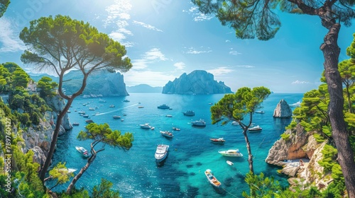 Panoramic Sea View with Boats and Capri Island, Lush Green Pine Trees, Blue Sky and Azure Waters