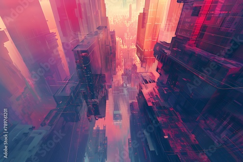 : A surreal and abstract cityscape, with a twisted perspective, set against a calming gradient color palette