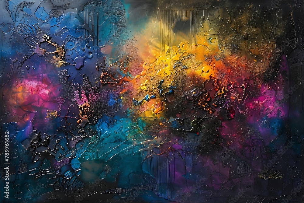 : A vibrant and textured abstract painting, with a contrasting background, set against a dark, single-color backdrop