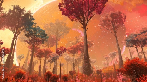 On a distant planet towering trees stretch towards the sky their colorful leaves rustling in the gentle breeze. A the foliage strange and fascinating creatures can be seen their unique .