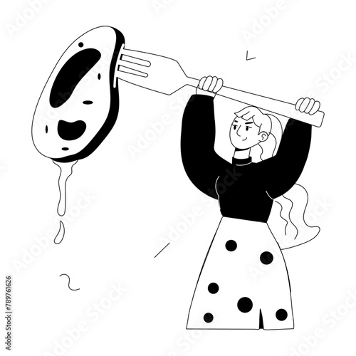 Customizable doodle mini illustration of eating steak 