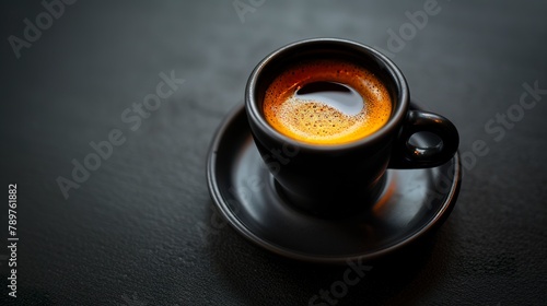 A cup of ristretto coffee in an intense black cup. Concentrated coffee extracted with fine grinding in a full cup in studio lighting.