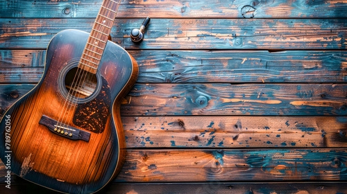 Vintage Acoustic Guitar on Rustic Wooden Background. photo