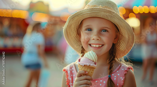 Portrait of a smiling child enjoying ice cream at a summer fair.