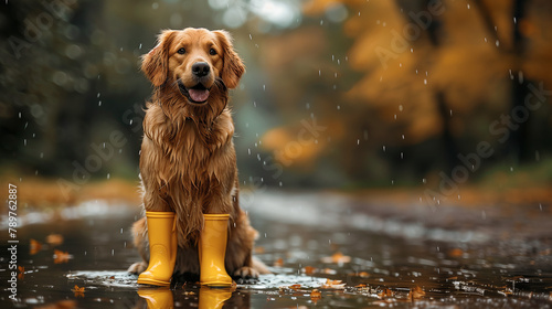 golden retriever dog in rain boots holding an umbrella photo