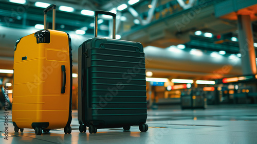 Two suitcases sitting on the floor in a large airport terminal.