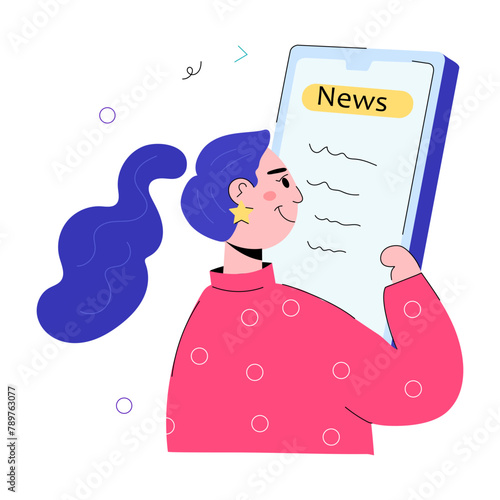 Girl reading online mobile news, doodle mini illustration 