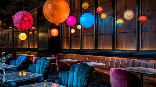 In a VIP lounge area lowlevel lighting casts soft shadows against the leather couches and velvet chairs. Glowing orbs of varying colors hover above the reserved tables creating an .