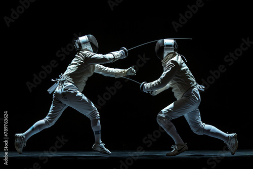 Two Professional Fencers Show Masterful Swordsmanship in their Foil Fight. They Attack, Defend, Leap and Thrust and Lunge. Shot Isolated on Black Background