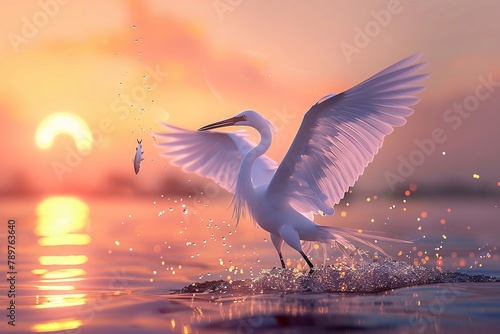 beatiful bird catching a fish in sunrise photo
