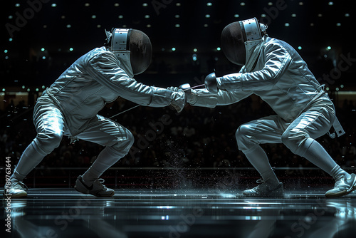 Two Professional Fencers Show Masterful Swordsmanship in their Foil Fight. They Attack, Defend, Leap and Thrust and Lunge. Shot Isolated on Black Background photo