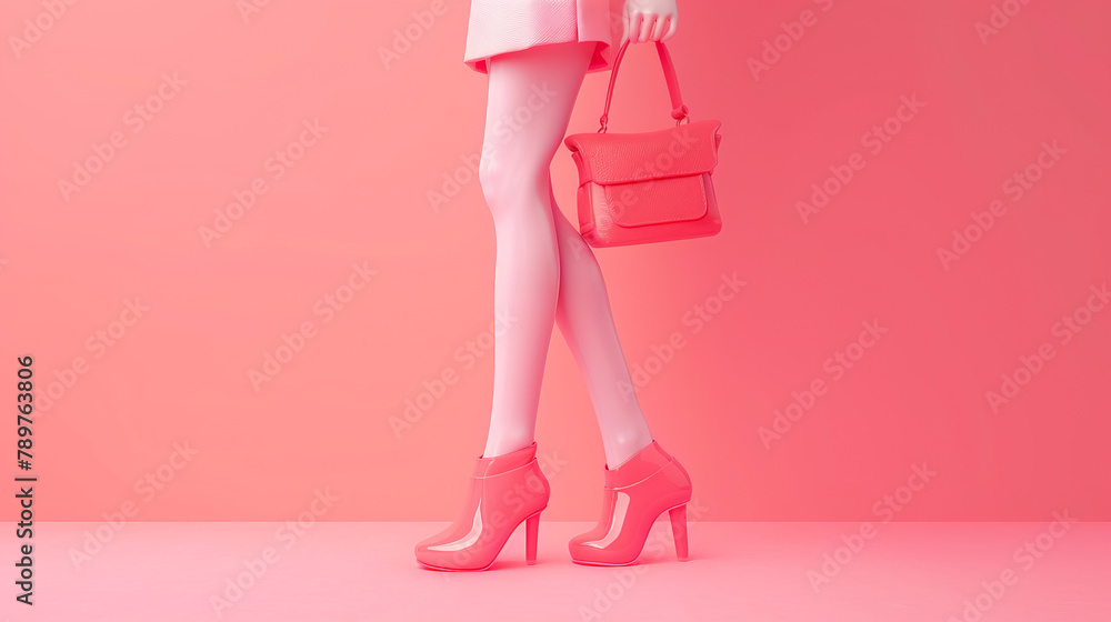 Toy legs with high heels and a miniature handbag on a pastel background represent an original and bold embodiment of fashionable imagination and a creative approach to style.