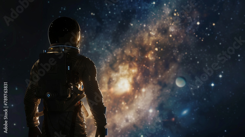 The astronaut shown from behind stands out against the background of the black abyss of space, creating an image of courage and dedication in an incredible environment.
