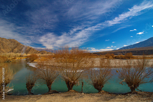 View of Indus River in Leh Ladakh with blue sky and clouds  