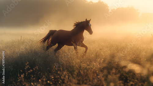 An elegant horse is captured in full gallop across a misty field, bathed in the warm golden light of early sunrise, symbolizing freedom and power