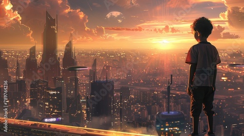 A child stands on a balcony overlooking the city a sense of wonder in their eyes as they take in the futuristic skyline. This dreamer represents the generation that will grow up in . photo
