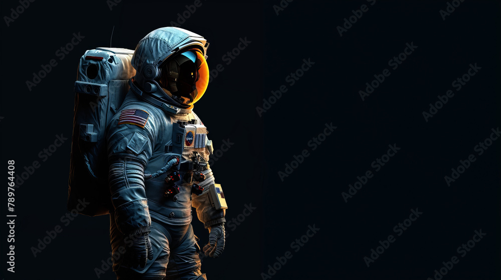 The astronaut depicted with his back contrasts with the black background of space, drawing attention to his courage and dedication in research. The astronaut depicted with his back contrasts with the black background of space, drawing attention to his courage and dedication in research.