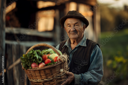 An elderly man in farm wear holds a basket full of fresh vegetables, standing near a barn with a smile
