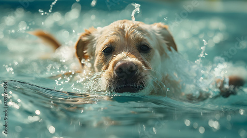 A focused shot of a cute dog swimming adeptly in a pool with water splashing around its snout photo