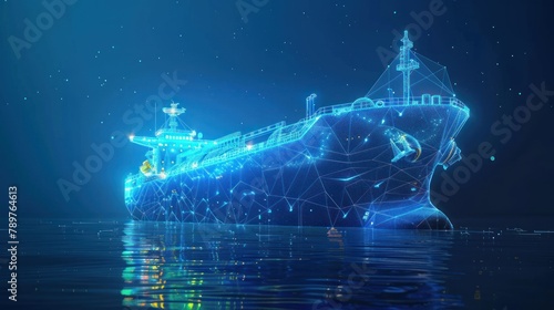 Gas carrier ship, vessel for transportation of liquefied petroleum gas LPG from futuristic polygonal blue lines and glowing stars. AI generated
