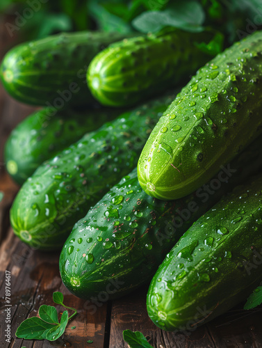 Vibrant green cucumbers with water droplets  on a dark wooden background  embodying freshness and organic farming.