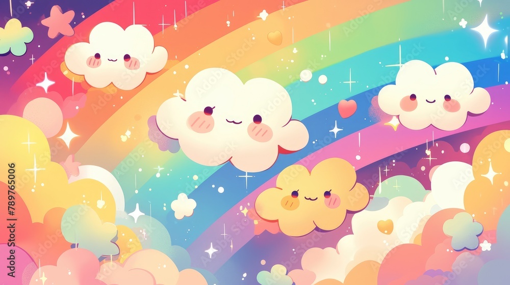 Naklejka premium A delightful design featuring adorable clouds and colorful rainbows