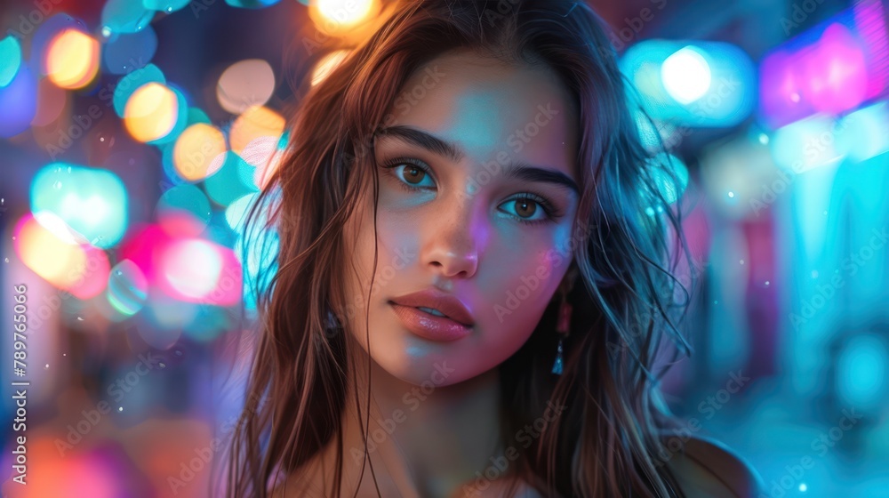 Nightlife's Allure: Young Woman Enveloped in Vibrant City Lights