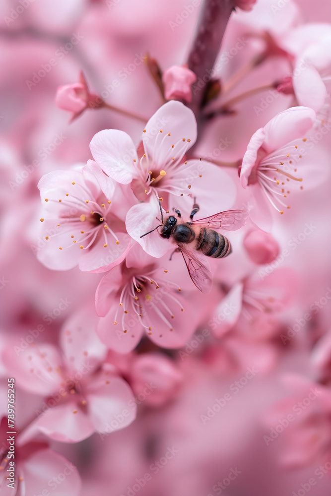 A busy bee is captured pollinating delicate pink cherry blossoms in a vibrant springtime scene A busy bee is captured pollinating delicate pink cherry blossoms in a vibrant springtime scene