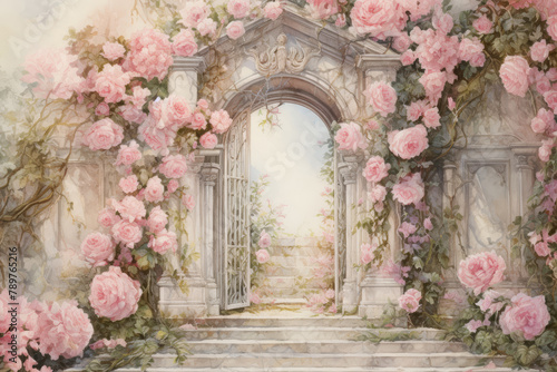 Garden gate with roses. Watercolor painting, detailed, pastel colors. Fairy tale door. Fabulous Door