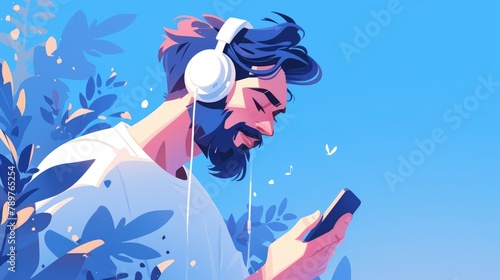 Immerse yourself in the world of music with a man donning headphones connected to his smartphone embodying the essence of a true music enthusiast Delve into a playlist filled with favorite 