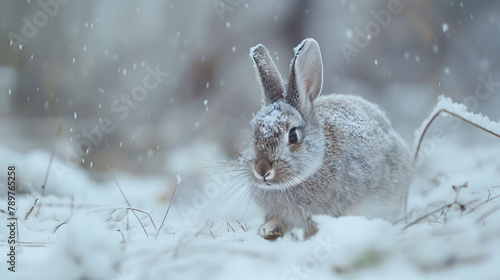 A serene capture of a snow-dusted wild rabbit in a snowfall landscape © punniix