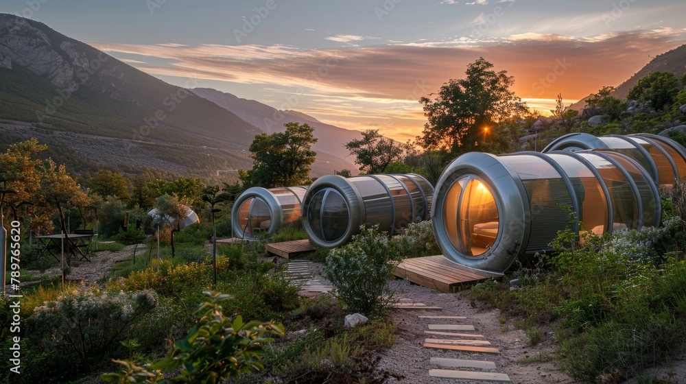 Nestled in a mountainous region these pod hotels offer guests a tranquil escape where they can sleep under a blanket of stars and wake up to breathtaking sunrise views. 2d flat cartoon. Nestled in a mountainous region these pod hotels offer guests a tranquil escape where they can sleep under a blanket of stars and wake up to breathtaking sunrise views. 2d flat cartoon.