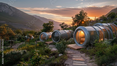 Nestled in a mountainous region these pod hotels offer guests a tranquil escape where they can sleep under a blanket of stars and wake up to breathtaking sunrise views. 2d flat cartoon. photo
