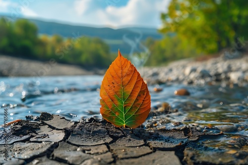 Climate change and Global warming environmental day concept. Climate change and Global warming concept. Burning leaf at land of cracked earth metaphor drought and Green leaf with river and beautif