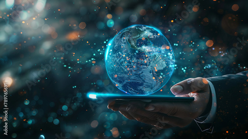 A hand with a tablet in the frame shows a glass model of the planet Earth with holographic information displayed, emphasizing the role of technology in global business.