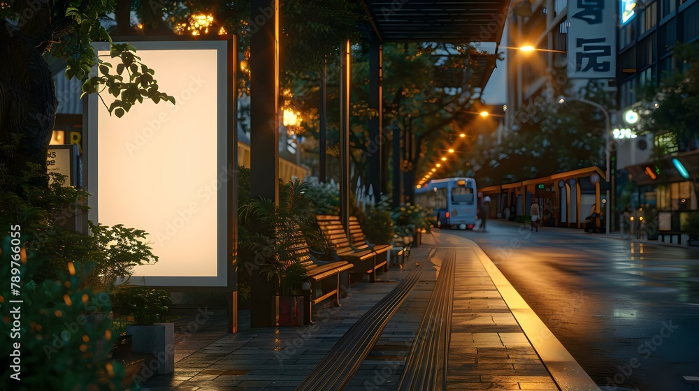 Evening Bus Stop with Blank Ad Panel. Concept Urban Transportation, Advertising Space, Evening Cityscape, Commuter Lifestyle
