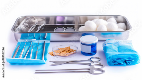 Medical equipment and tools neatly arranged with blue drapes, ai generated