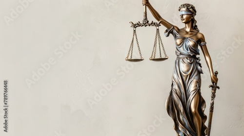 Bronze Statue of Justice: Blindfolded Woman Holding Balance Scale with Copy Space photo