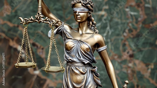Bronze Statue of Justice: Blindfolded Woman Holding Balance Scale with Copy Space