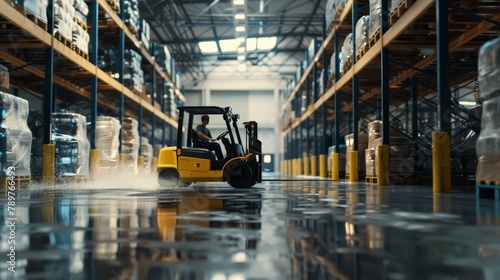 A forklift is driving through a warehouse with water on the floor