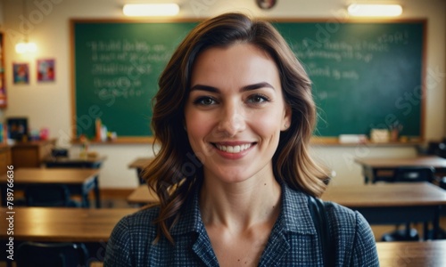 photograph portrait of female teacher smiling in classroom