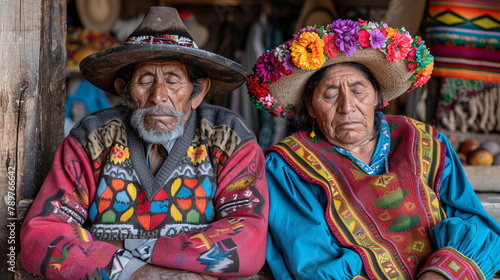 Andean couple resting at a house entrance, front view