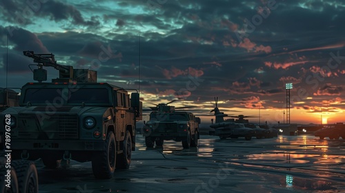 A group of military vehicles are parked on a runway at sunset