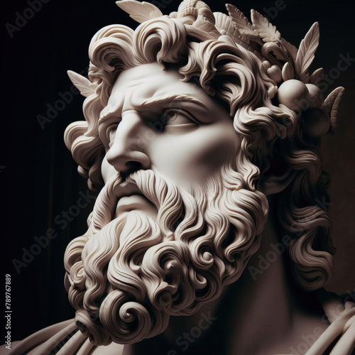 Male statue of a Roman deity, muscular Zeus with lightning in his hands in Olympus.