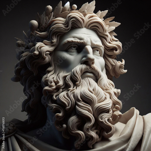 Male statue of a Roman deity, muscular Zeus with lightning in his hands in Olympus.
